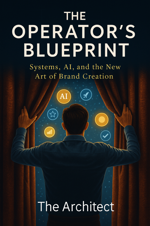 Book cover of 'The Operator's Blueprint' with a person opening curtains to reveal AI symbols.